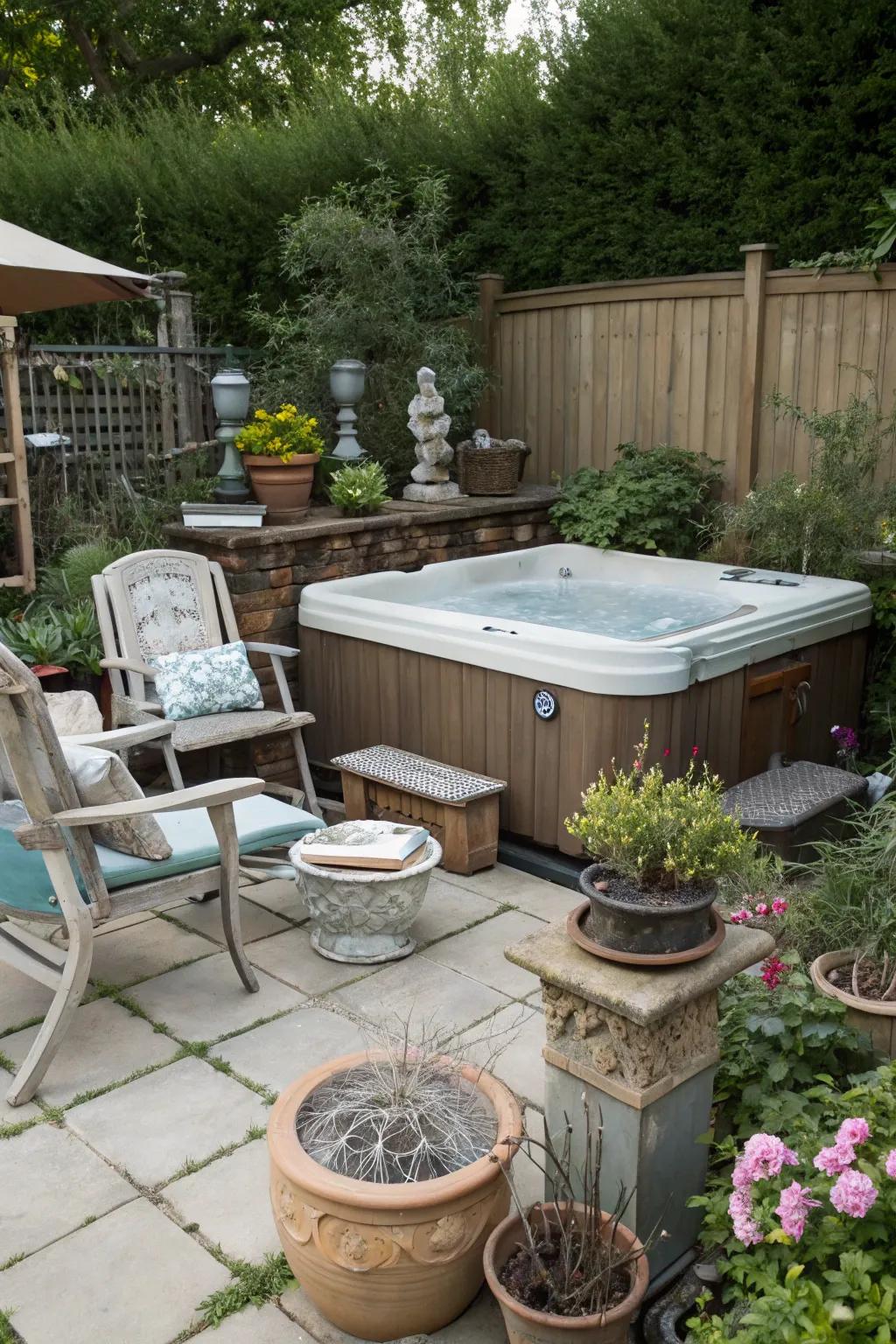 Secondhand items add unique character to the hot tub area.