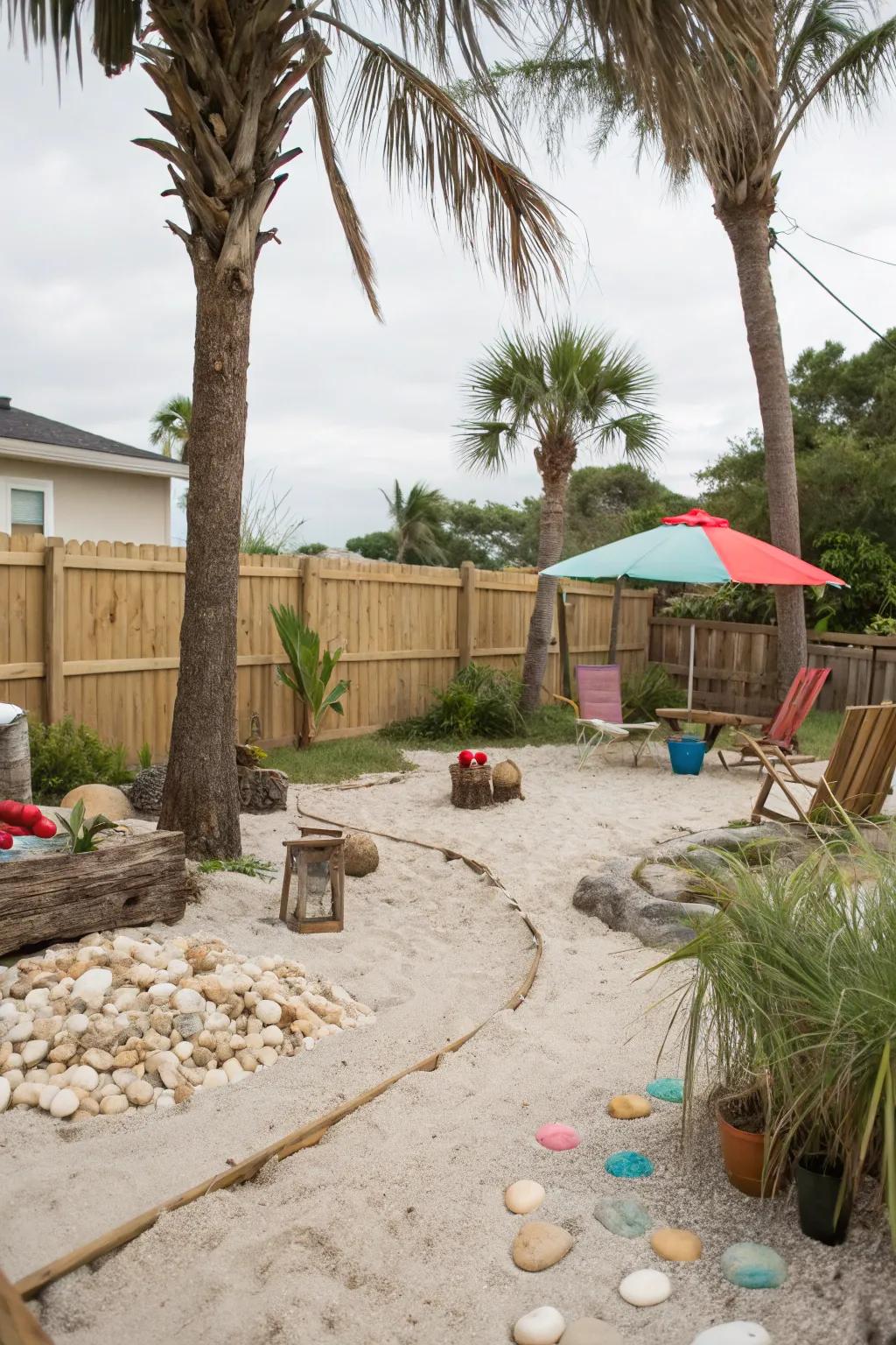 A beach-inspired Florida backyard with sand and seashells.