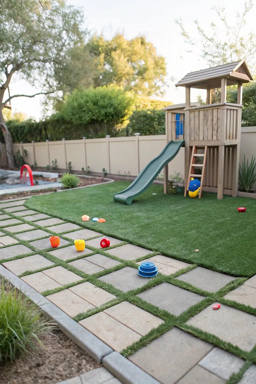 A turf and paver play area keeps kids entertained safely.