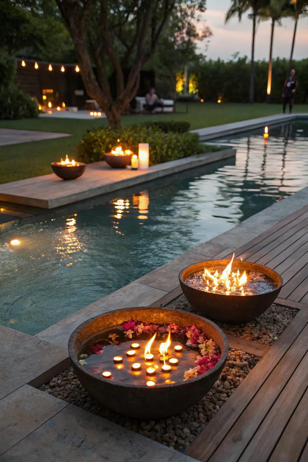 Floating candles and fire bowls create a romantic poolside ambiance.