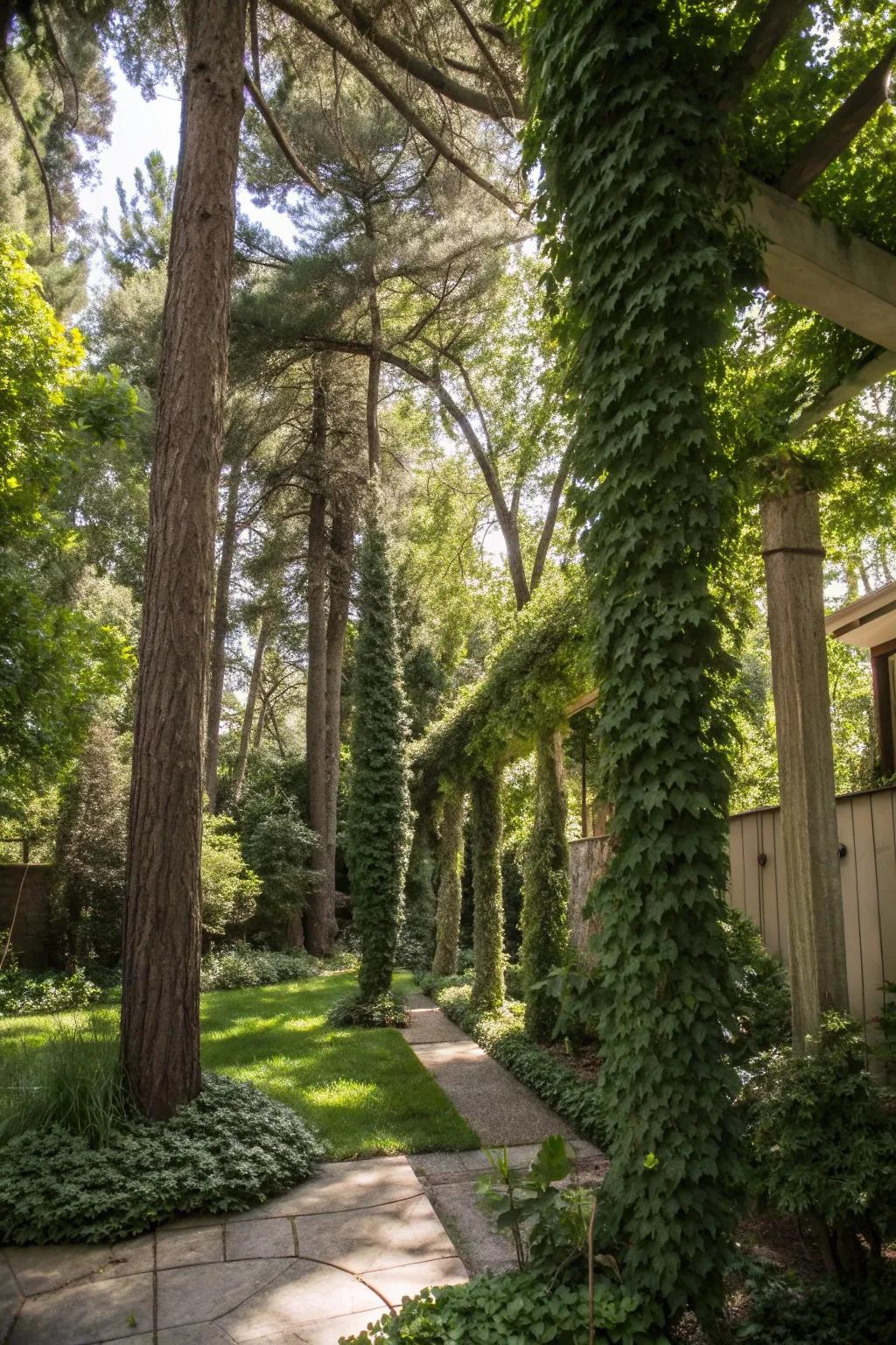 Enhance your jungle vibe with a canopy of tall trees and climbing plants.