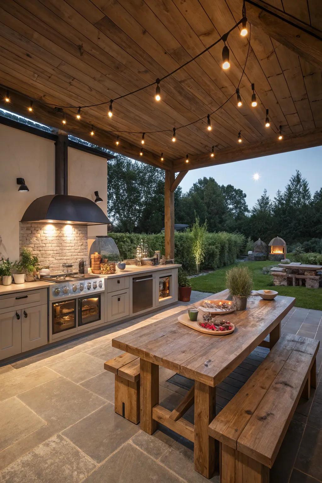 An eco-conscious outdoor kitchen with solar lighting and reclaimed wood finishes.