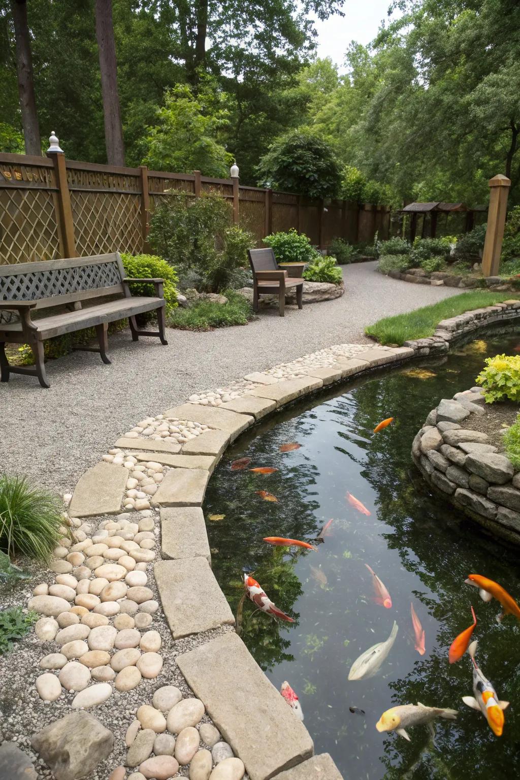 Pathways and seating create an inviting space to enjoy your pond.