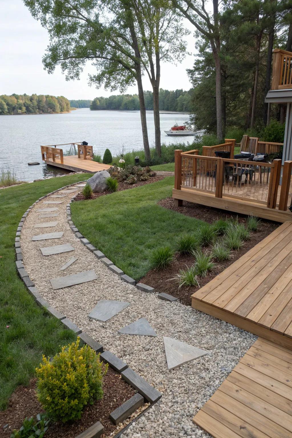 Permeable hardscaping reduces runoff and complements the lakeside setting.