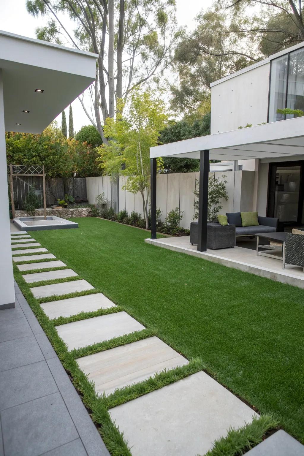 Concrete and grass create a striking modern contrast.