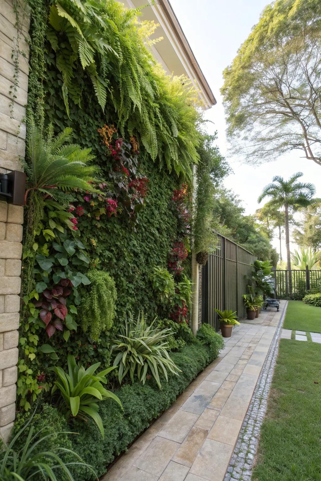 A stunning vertical garden enhancing a backyard wall.