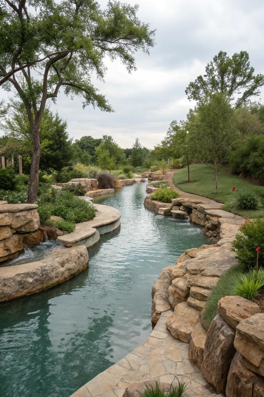 Natural rock formations add rugged beauty to your lazy river.