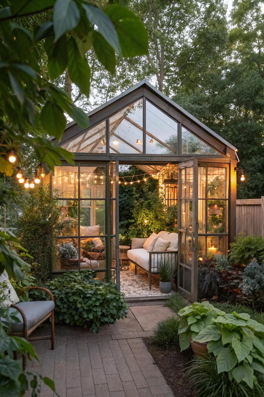 Relax in a backyard greenhouse getaway.