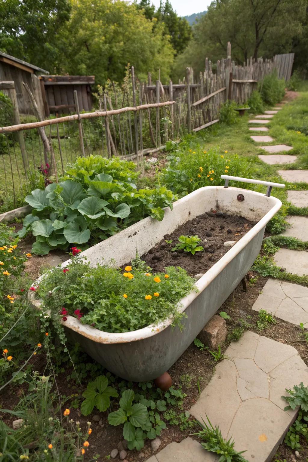 A rustic raised bed made from an old bathtub.