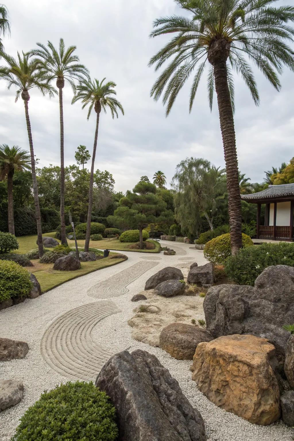 Palm trees and rocks create a tranquil, zen-like garden.