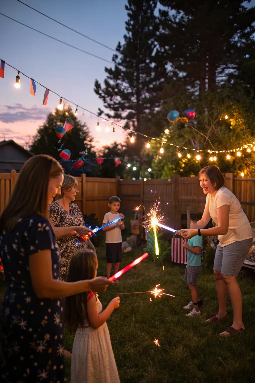 Sparklers and glow sticks light up the night with fun.