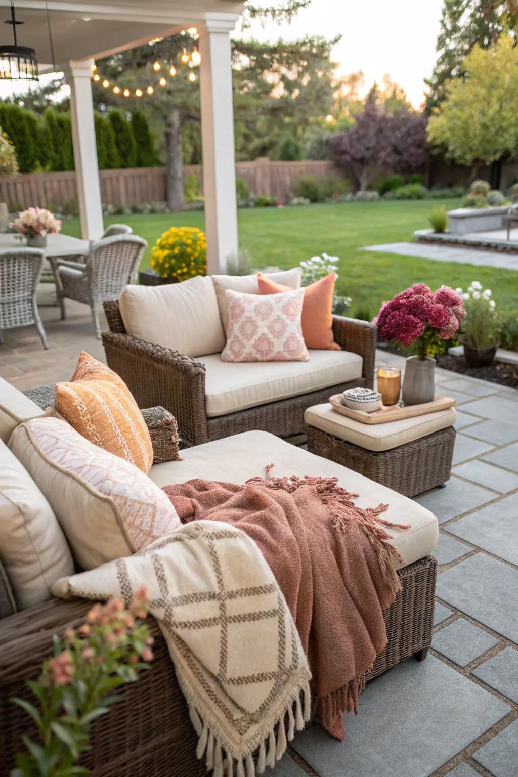 Indoor comforts like pillows and throws enhance coziness