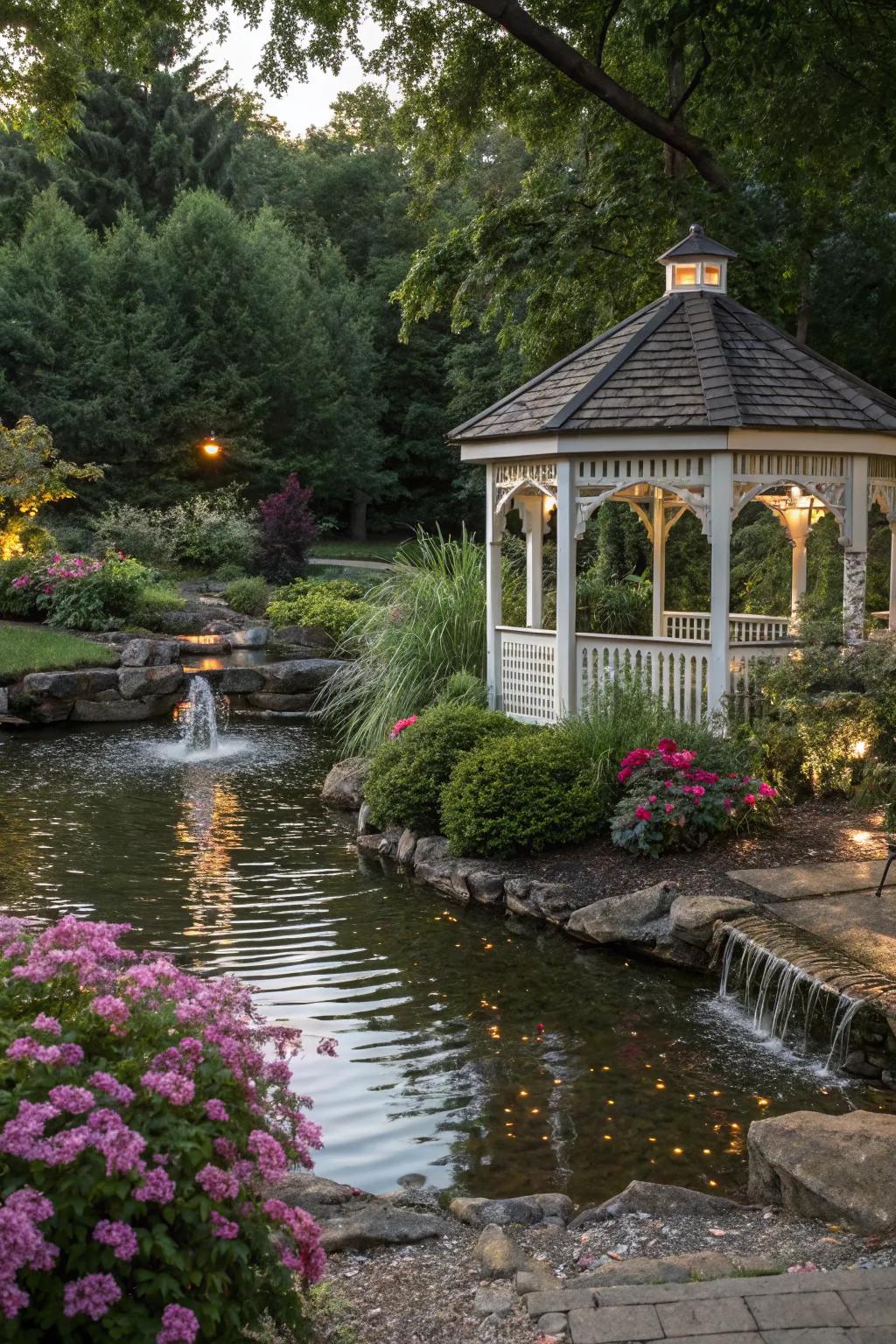 A peaceful gazebo complemented by a water feature.