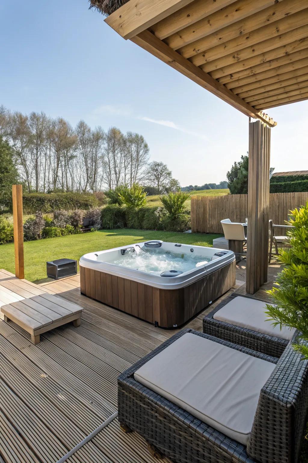 Eco-friendly materials add a sustainable touch to the hot tub patio.