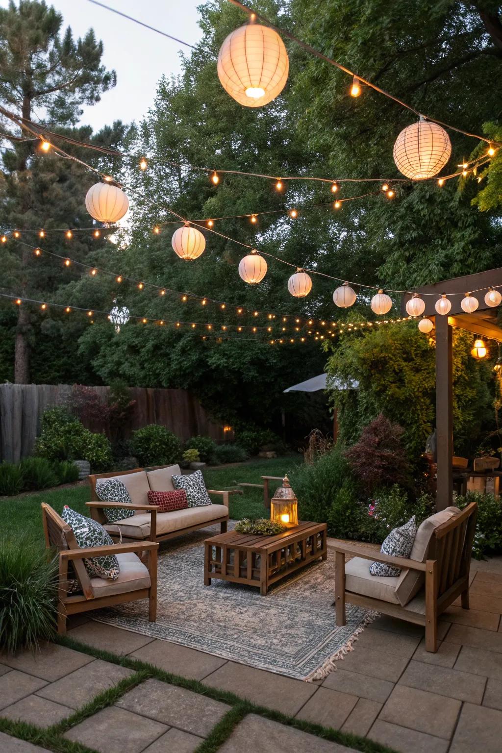 Mix string lights with lanterns for warmth.