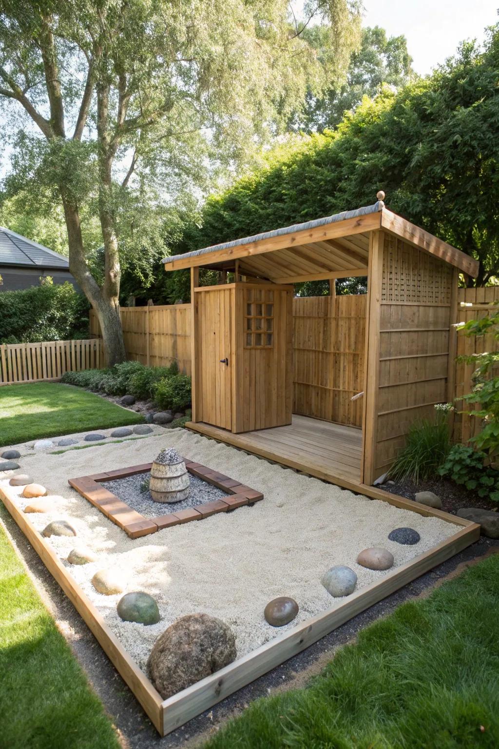A Zen garden playhouse offers a peaceful escape.