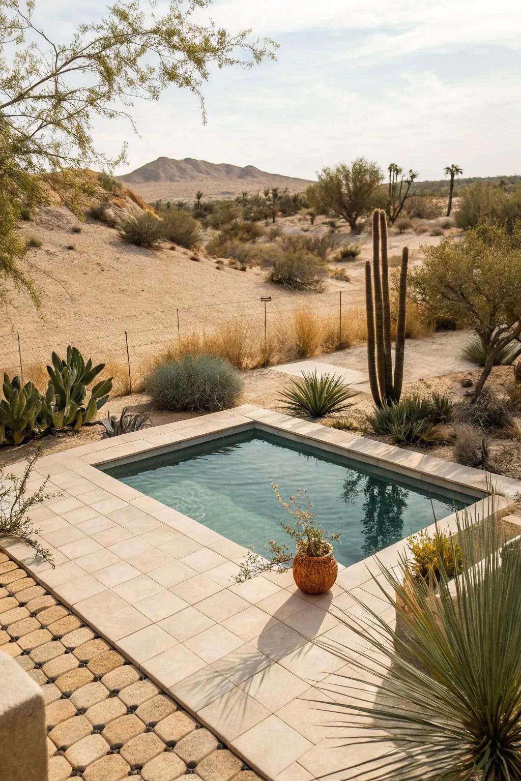 A desert oasis-themed pool area with succulents and natural hues.