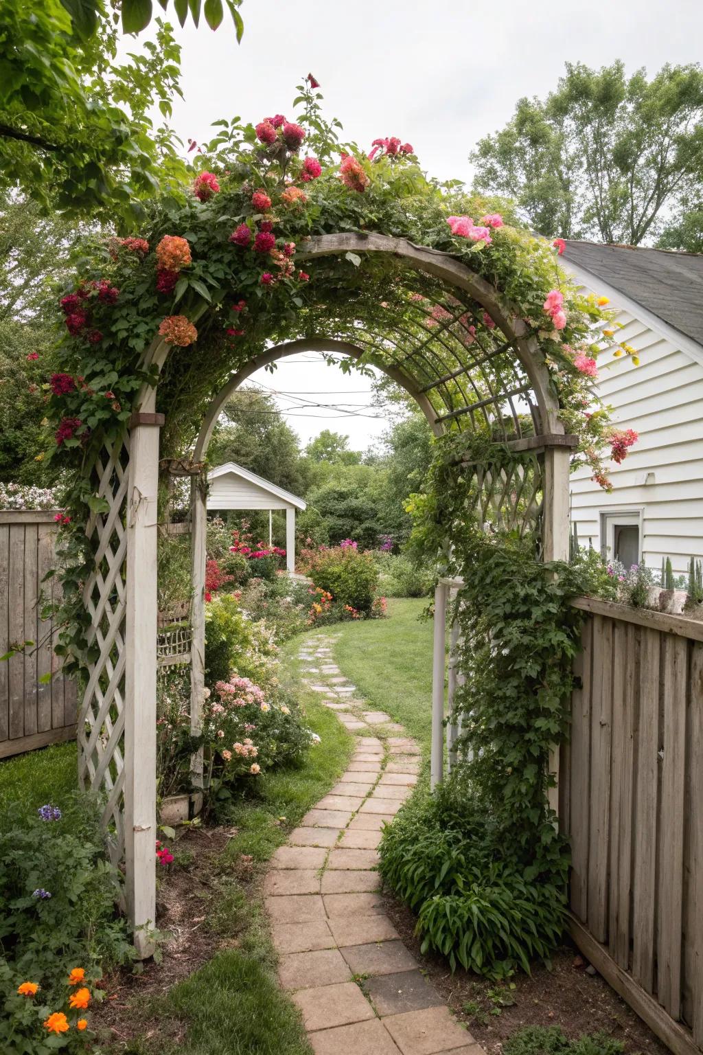 An arched trellis adds beauty and overhead privacy.