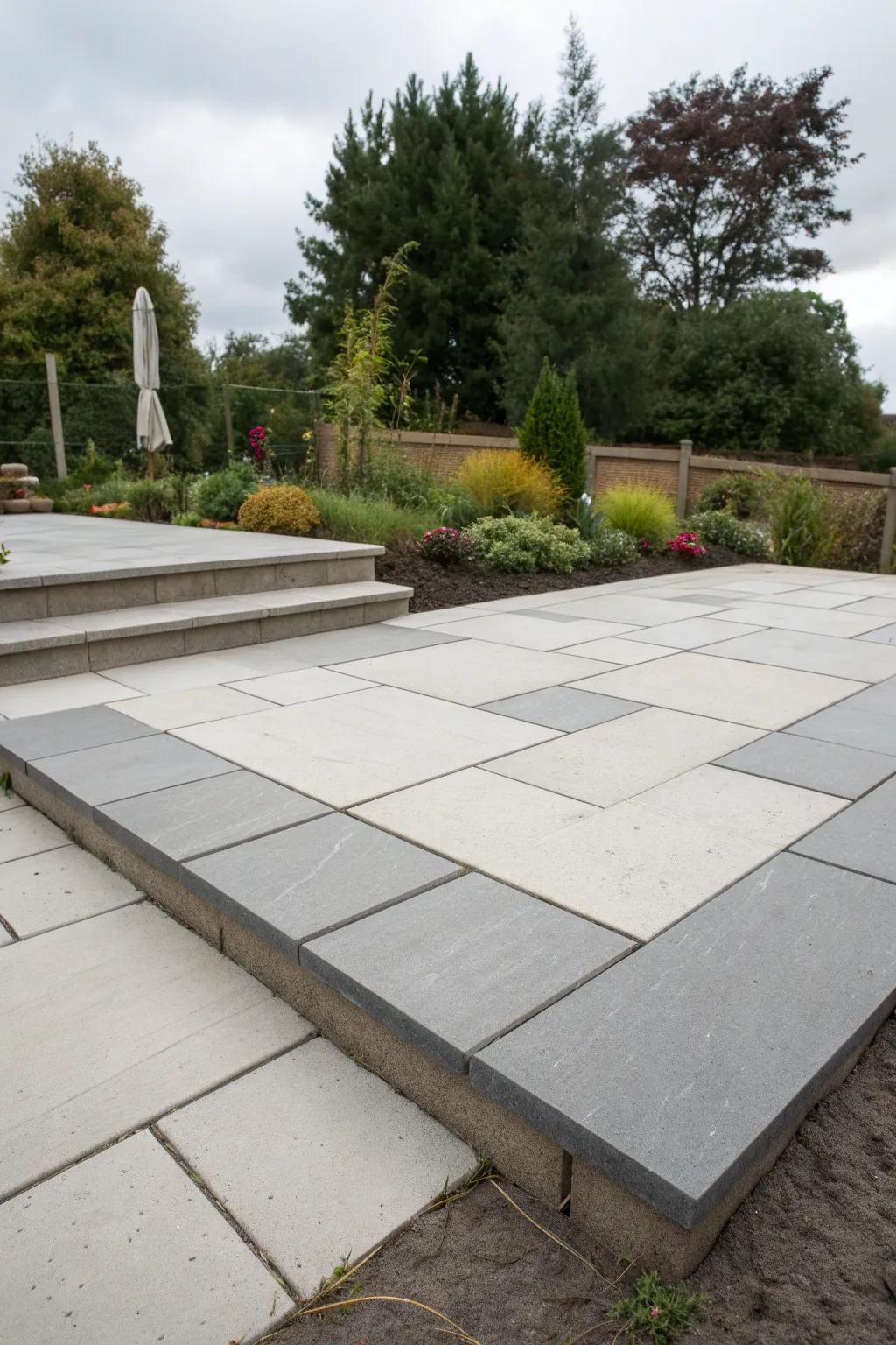 Contrasting colors defining patio spaces.