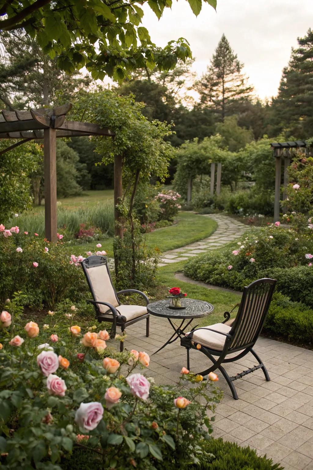 Fragrant roses near seating areas enhance relaxation with their sweet scent.