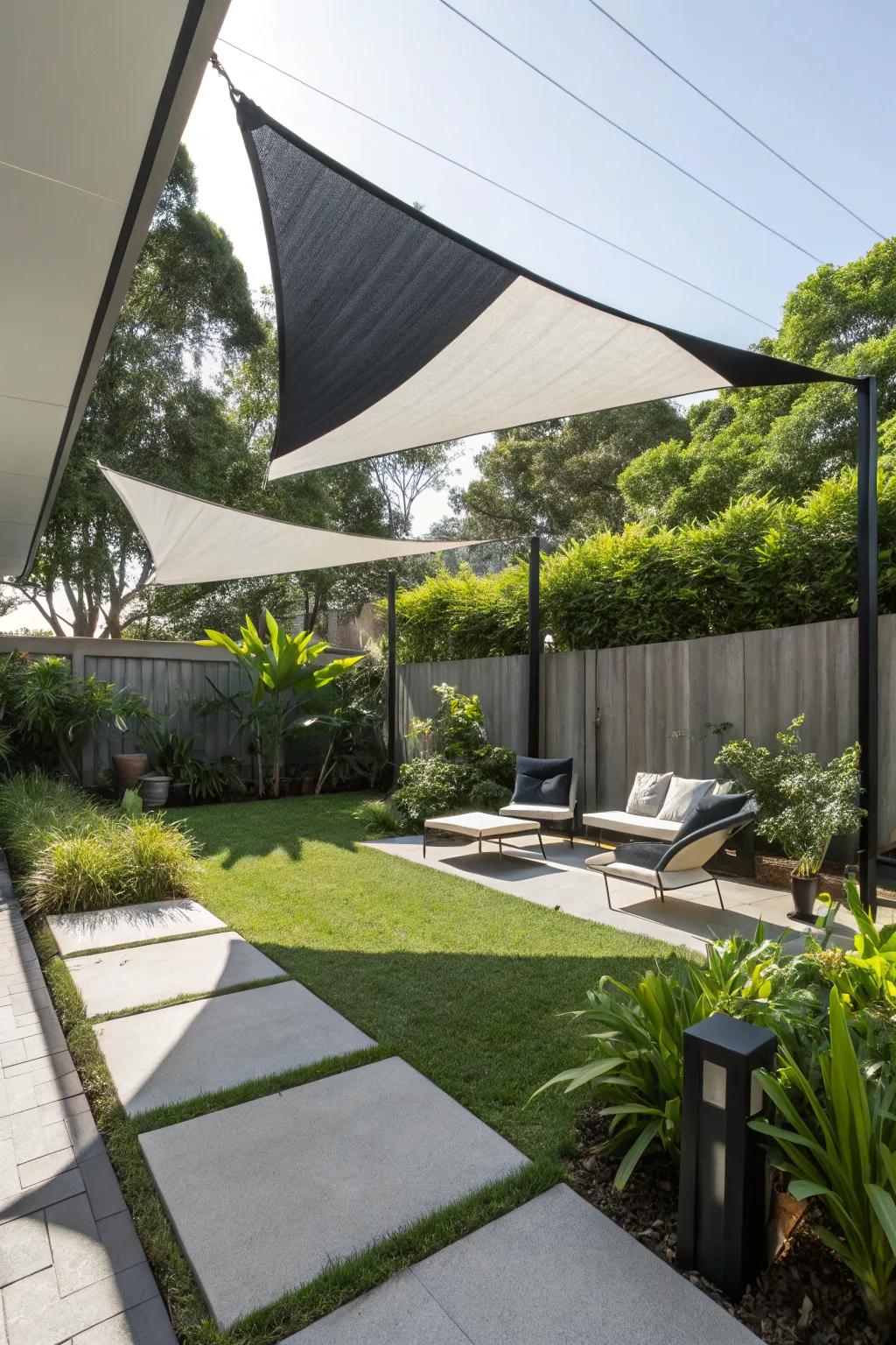 Black and white sail shades adding a modern touch to a backyard.