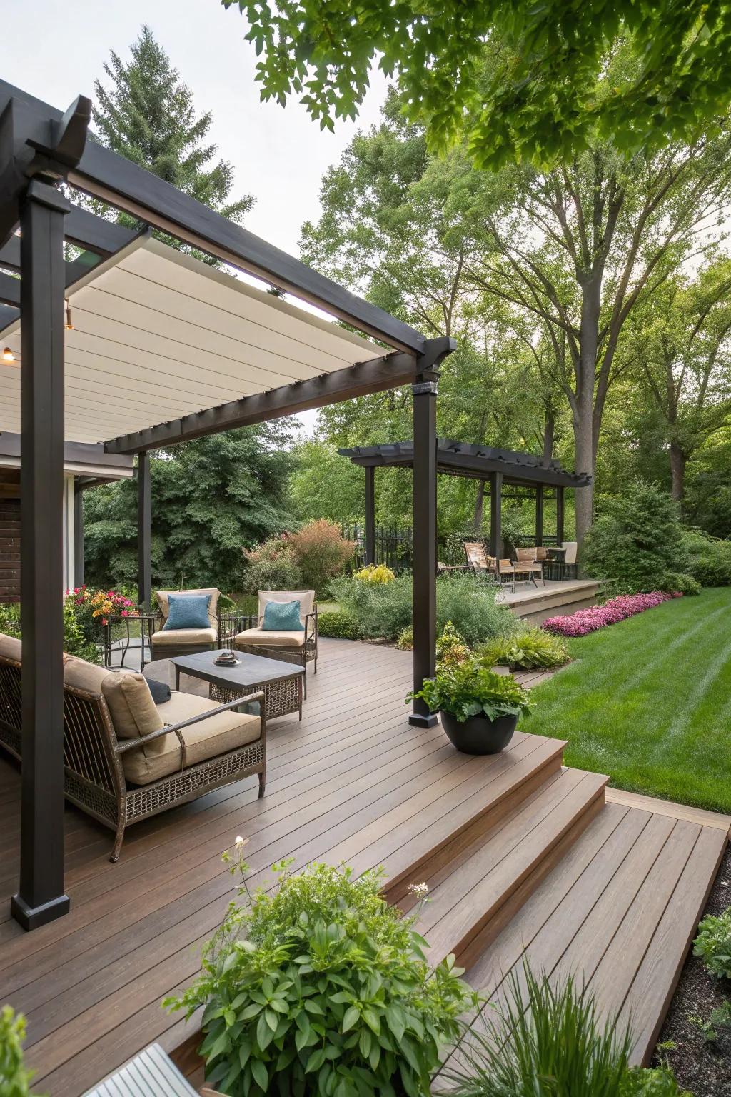 Decking with integrated shade structures enhances outdoor living.