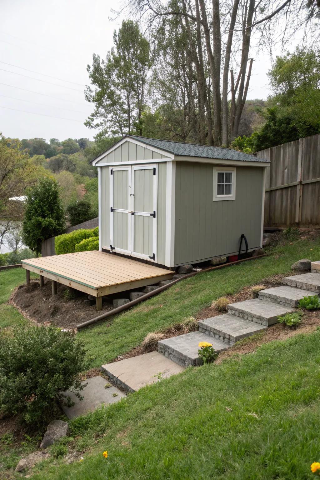 A floating foundation ensuring a level base for the shed on a slope.