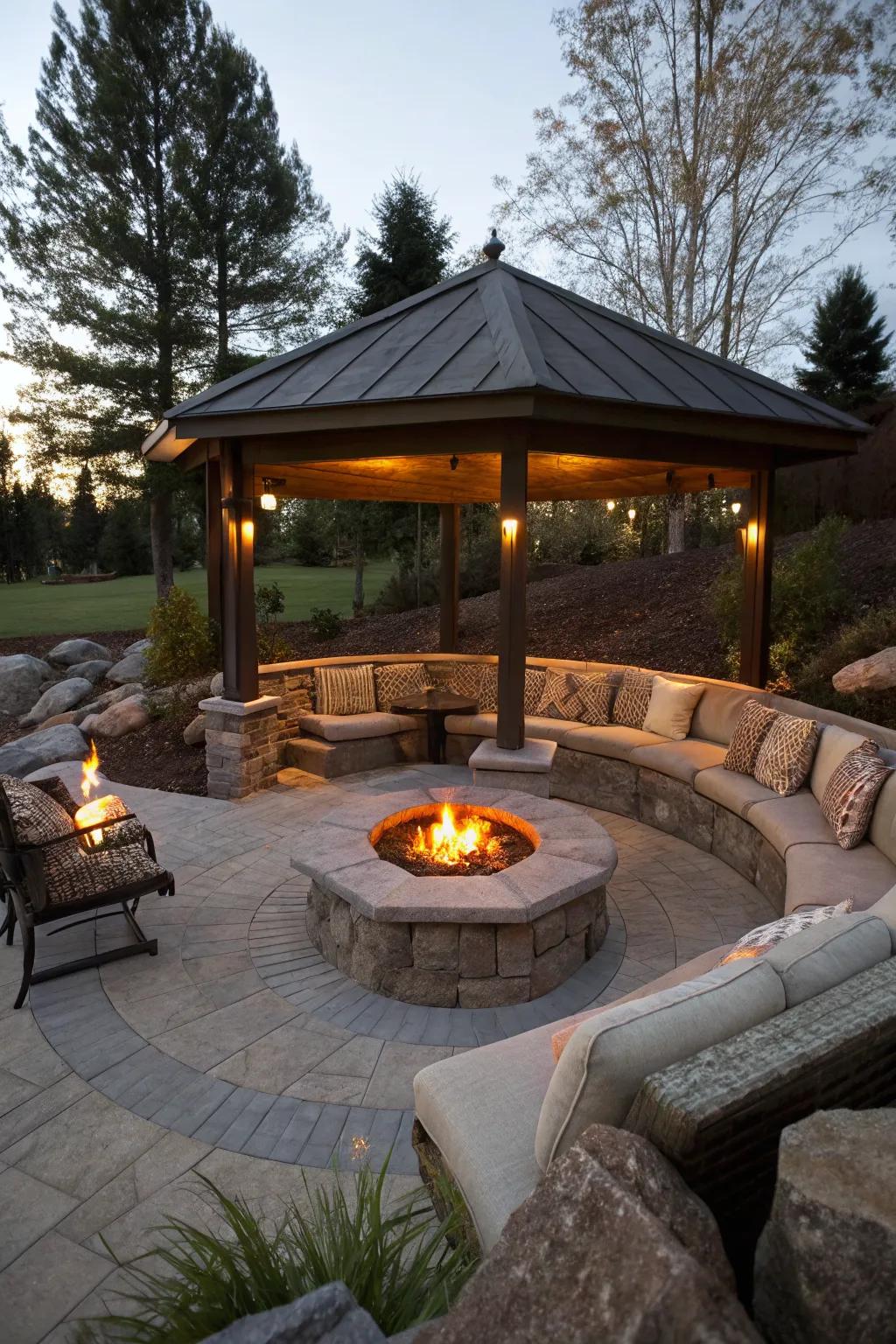 A sunken fire pit with a shelter is perfect for cozy gatherings.
