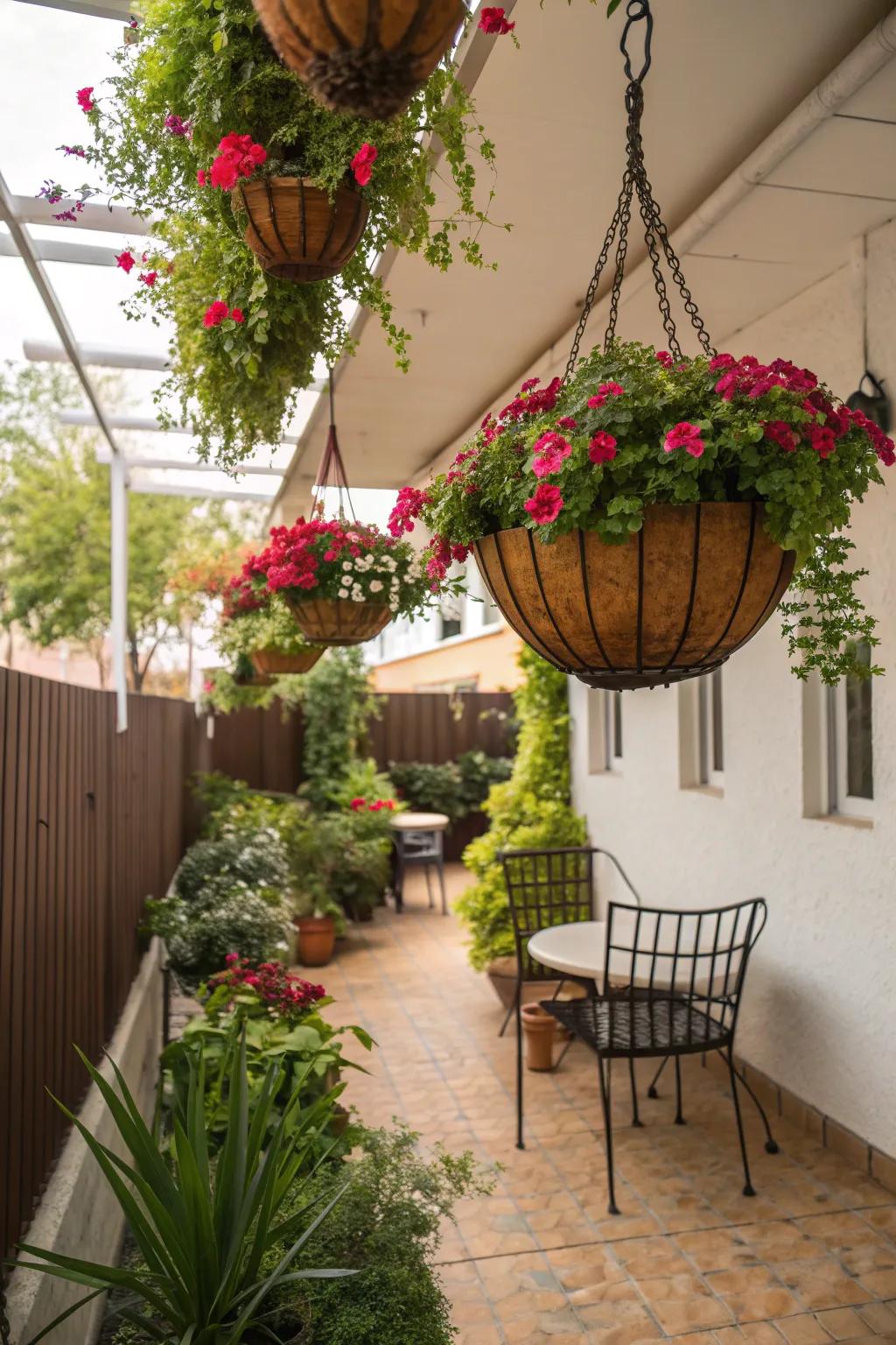 Add greenery to your patio with space-saving hanging planters.