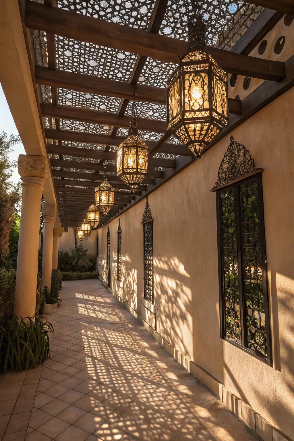 Moorish lanterns provide ambient lighting and an exotic touch.