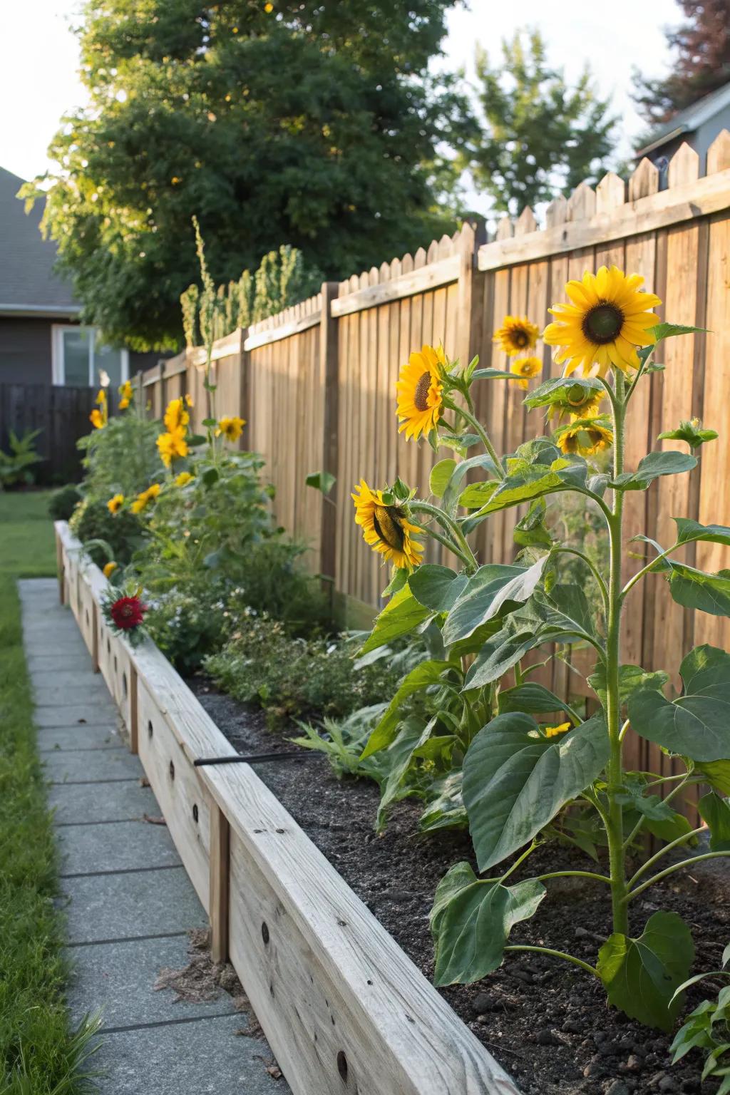 Sunflowers defining garden borders with rustic elegance.