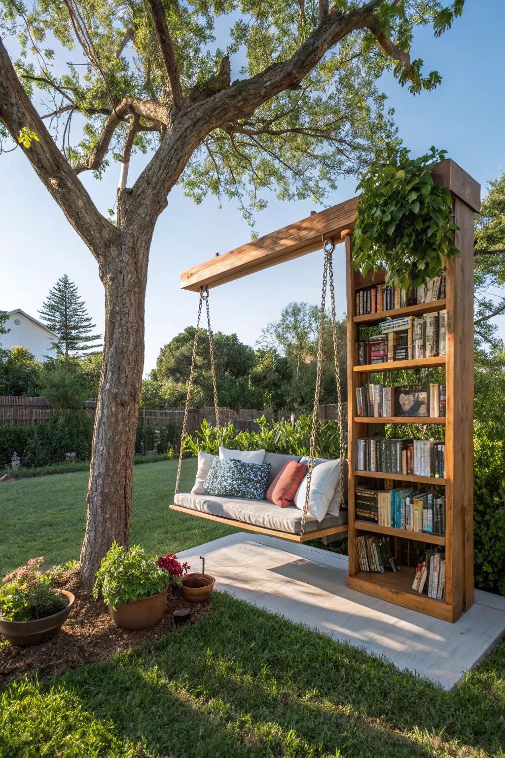 A swing with built-in shelving for added convenience.