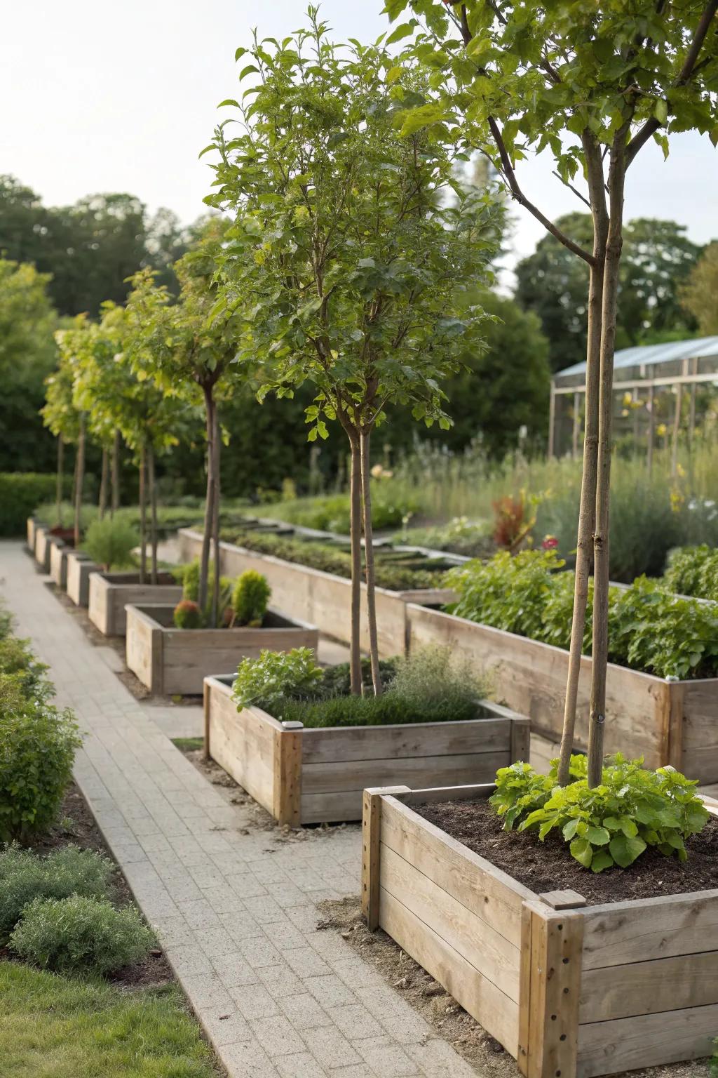Raised beds elevate small trees and simplify maintenance.