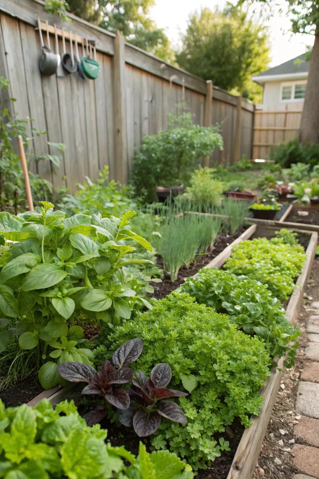 A kitchen garden conveniently located by the back door, full of fresh herbs.