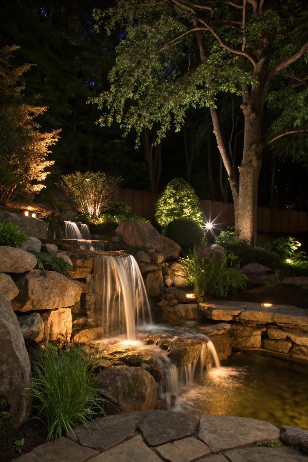 Illuminate your waterfall to create a stunning night-time garden feature.