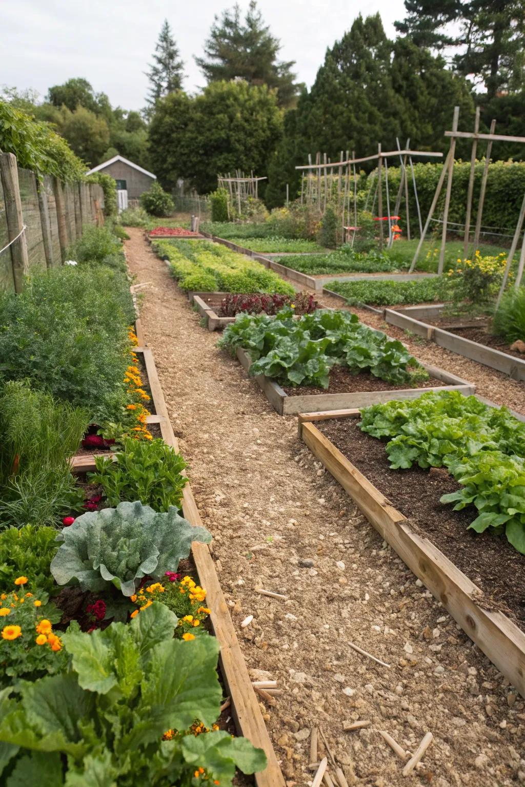 Tidy wood chip paths weaving through a productive vegetable garden.