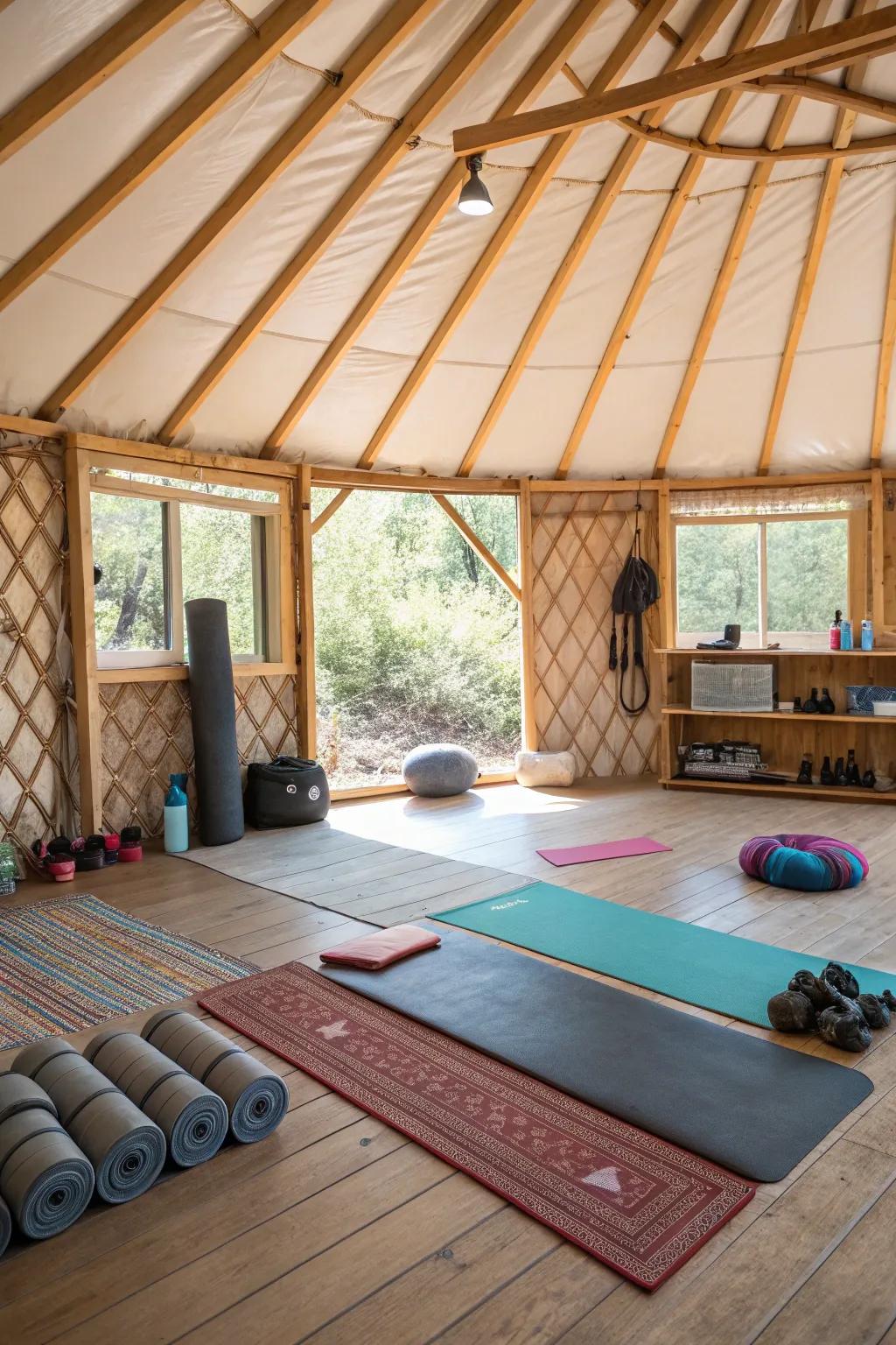 A yurt transformed into a personal fitness studio.