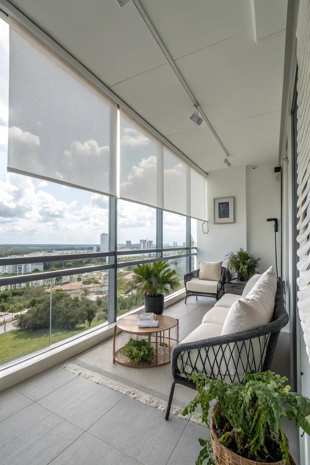 Cordless roller shades provide a sleek and modern look.