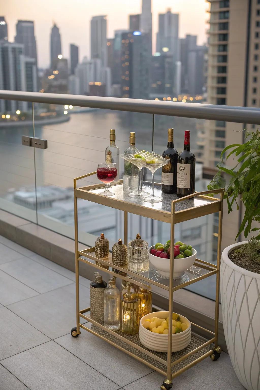A bar cart makes the balcony perfect for entertaining.
