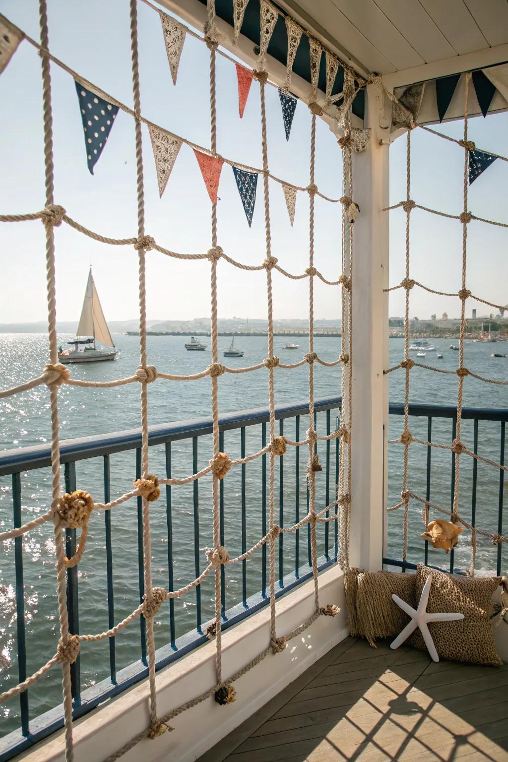 Balcony with rope screens for a nautical-inspired retreat.