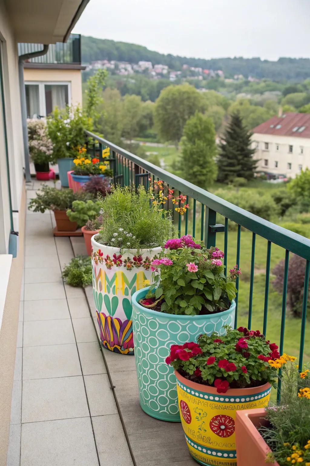 Brightly colored pots adding a splash of personality.