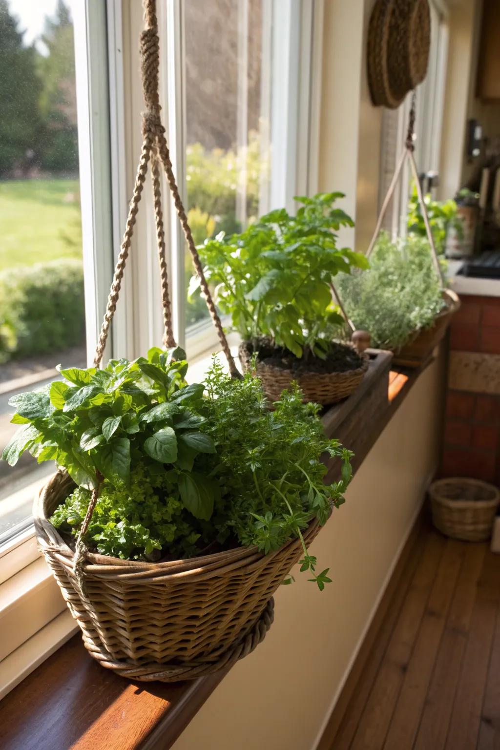 Hanging herb baskets bring freshness and flavor to your fingertips.
