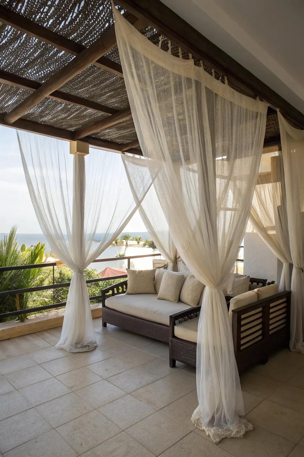 Sheer mosquito nets offer a delicate privacy solution while keeping insects away.