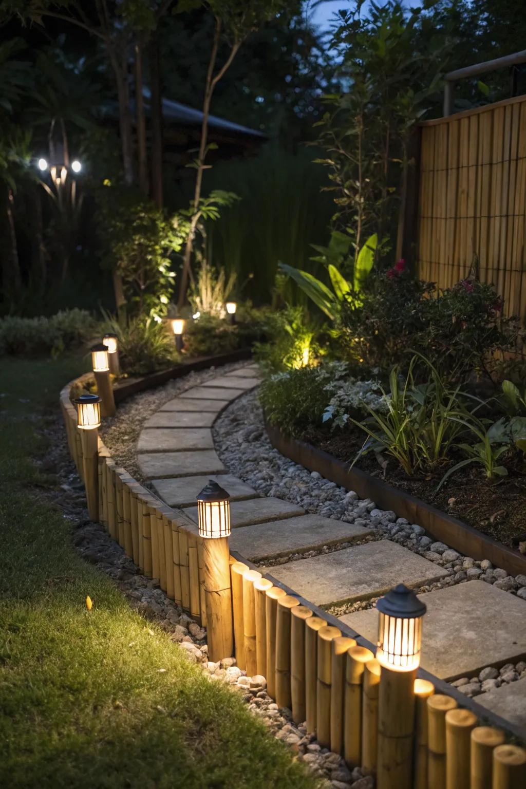 Enchanting illuminated bamboo garden edge.
