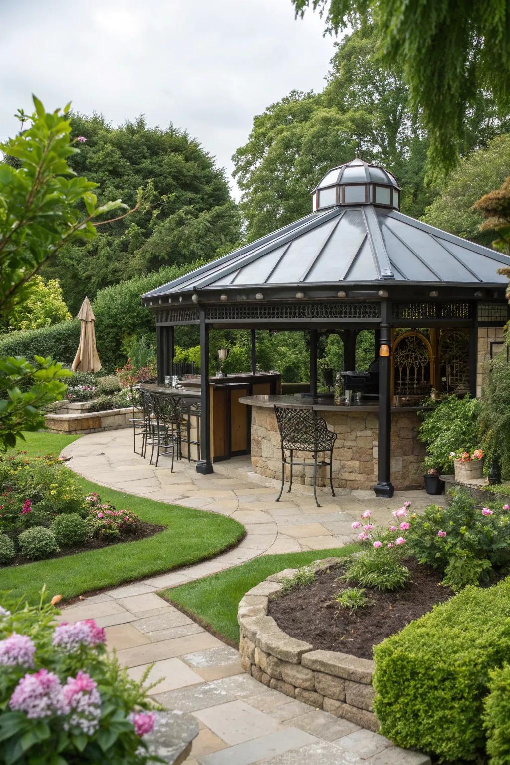 A gazebo bar with a retractable roof for versatile weather protection.