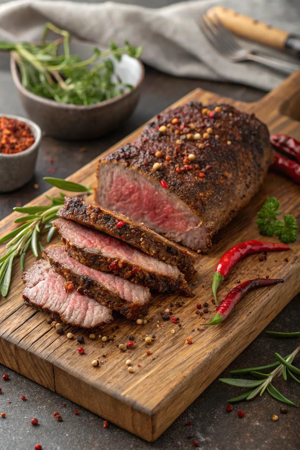 Boldly flavored pepper-crusted beef, ready to spice up your meal.