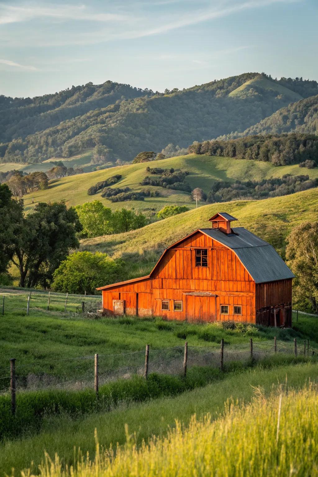 A burnt orange barn that adds warmth and rustic charm.