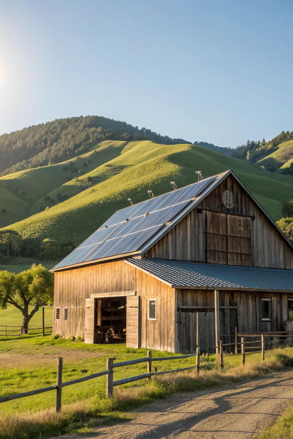 A barn with solar panels, embracing sustainable energy solutions.