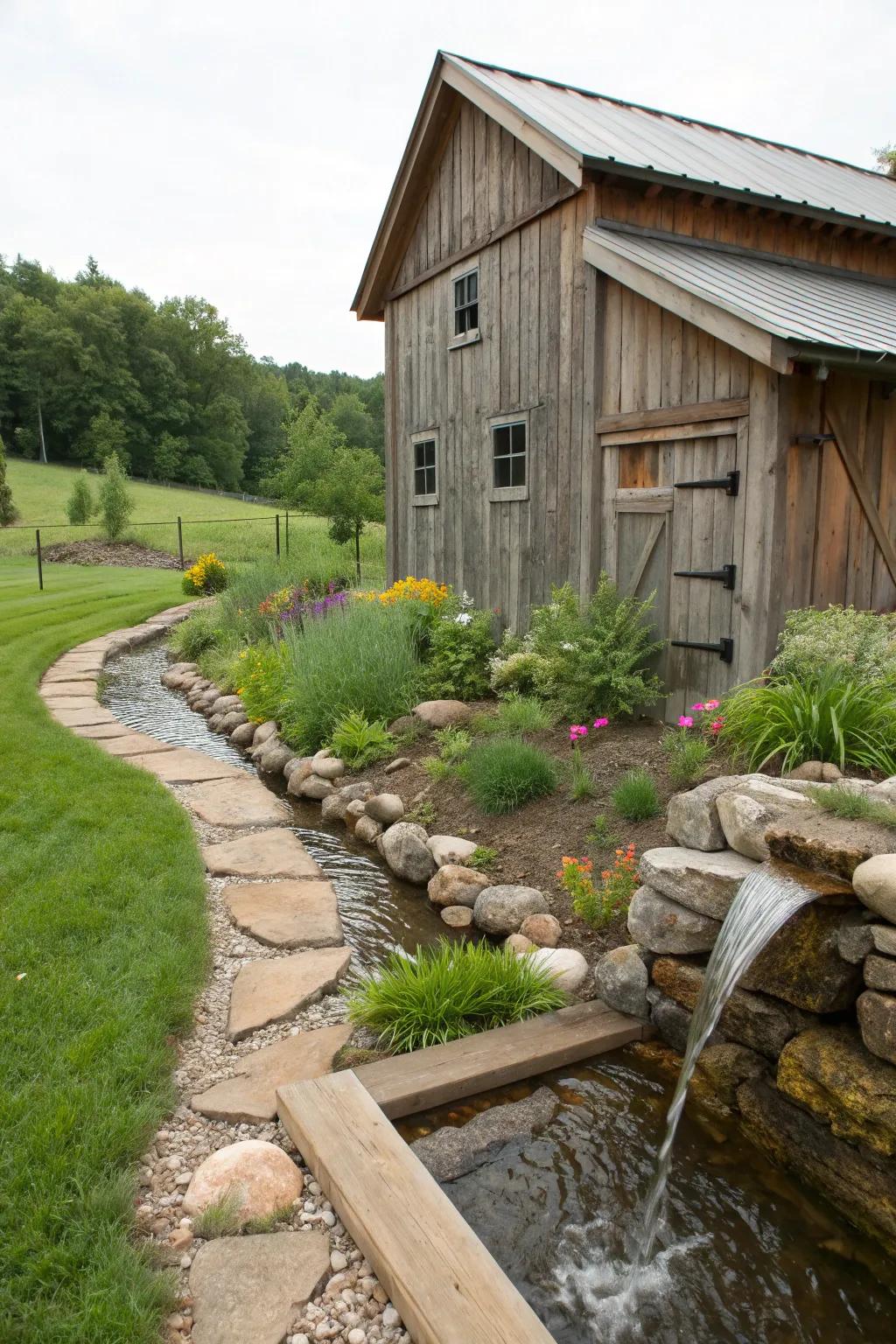 Gutters integrated into a water feature add charm to this barn.