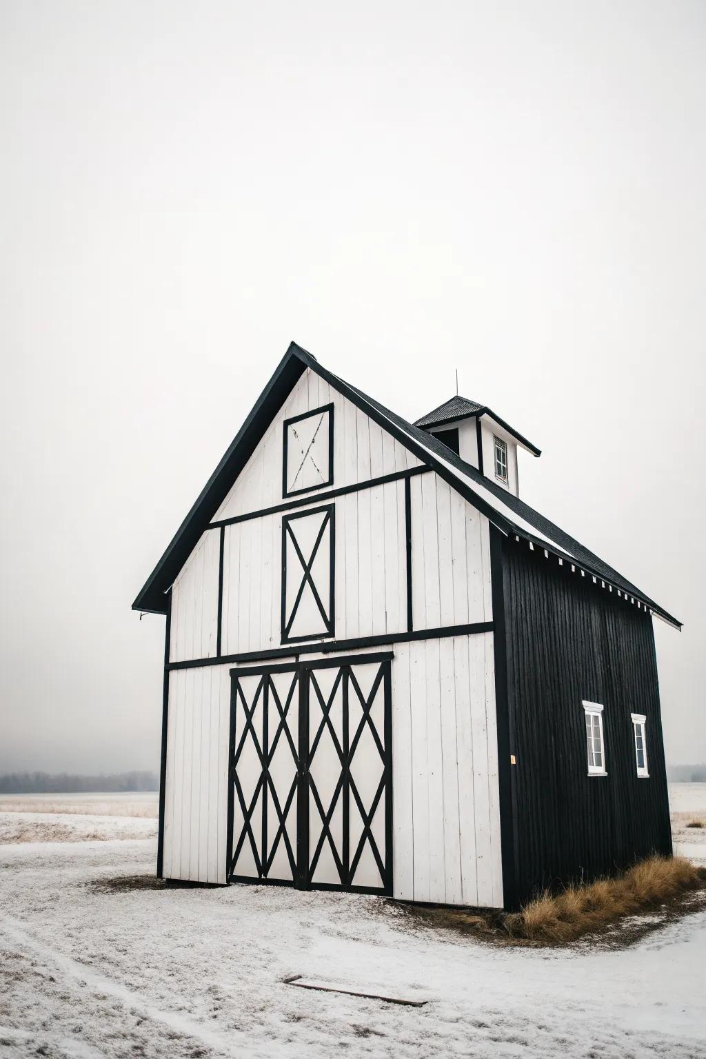 A minimalist monochrome barn, emphasizing sleek lines with black and white contrasts.